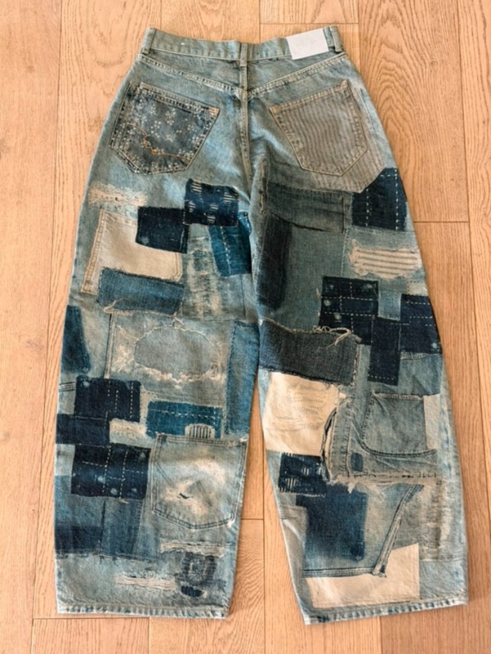 Free People Mixed Denim Patchwork Wide-Leg Jeans in Blue and Cream - Picture 2 of 7
